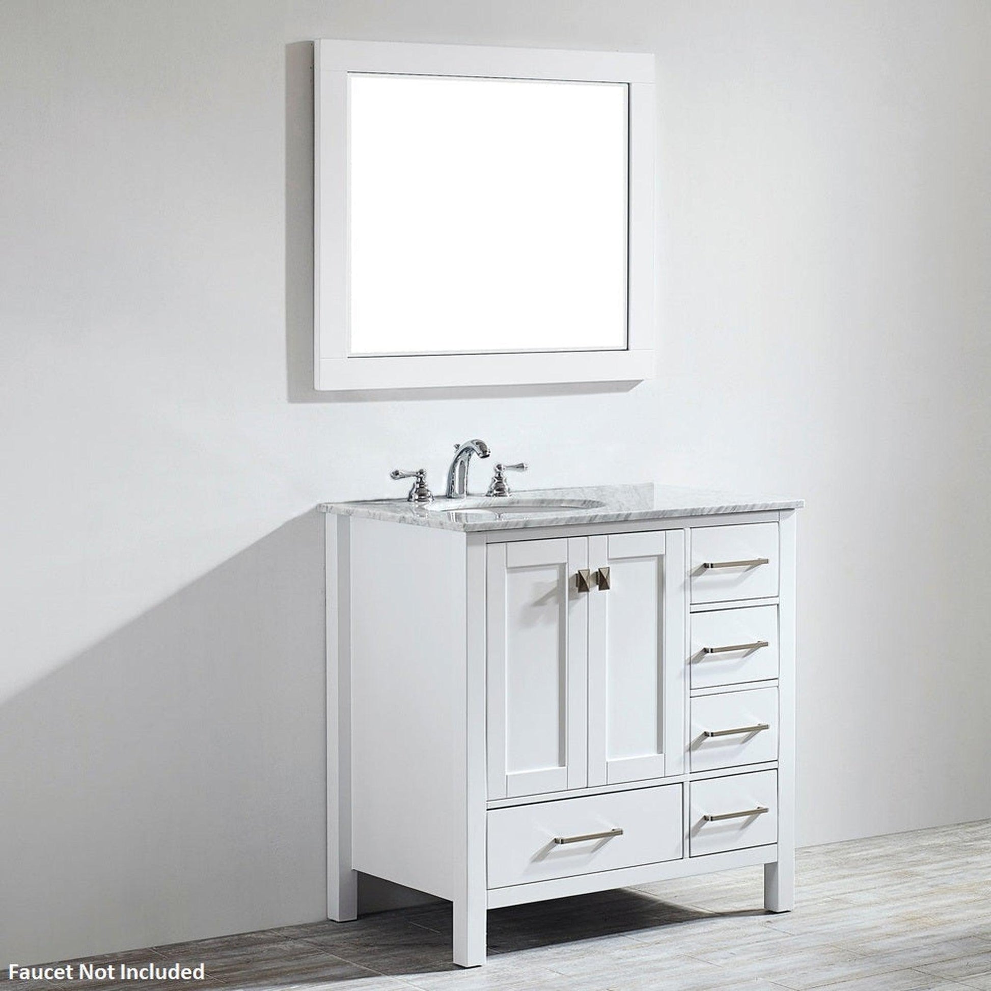 Vinnova Gela 36" White Freestanding Single Vanity Set In White Carrara Marble Top With Undermount Ceramic Sink and Mirror