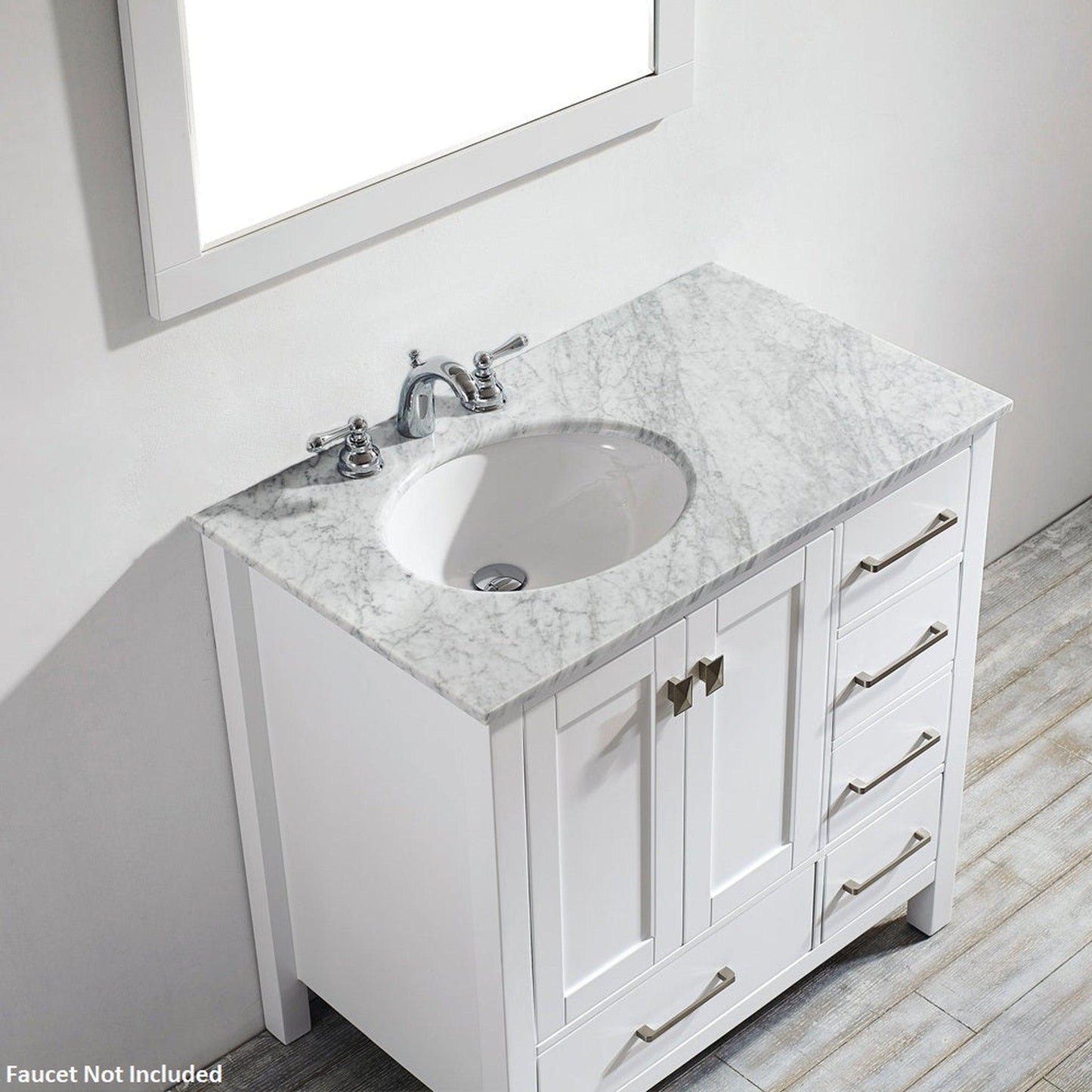 Vinnova Gela 36" White Freestanding Single Vanity Set In White Carrara Marble Top With Undermount Ceramic Sink and Mirror