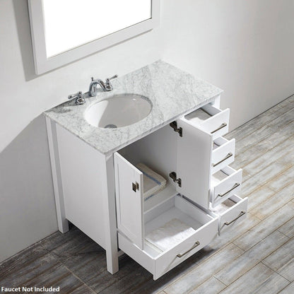 Vinnova Gela 36" White Freestanding Single Vanity Set In White Carrara Marble Top With Undermount Ceramic Sink and Mirror