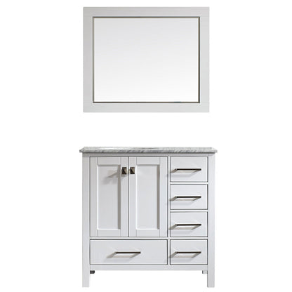 Vinnova Gela 36" White Freestanding Single Vanity Set In White Carrara Marble Top With Undermount Ceramic Sink and Mirror