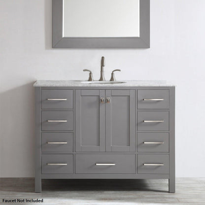 Vinnova Gela 48" Gray Freestanding Single Vanity Set In White Carrara Marble Top With Undermount Ceramic Sink and Mirror