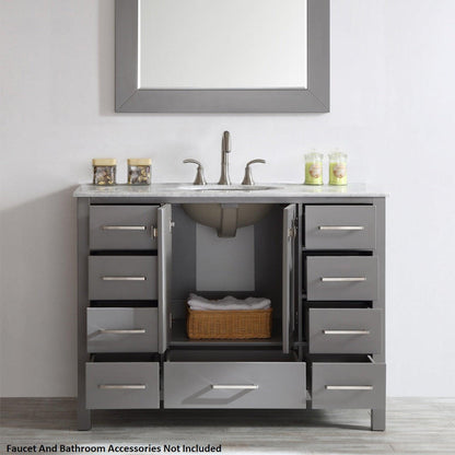 Vinnova Gela 48" Gray Freestanding Single Vanity Set In White Carrara Marble Top With Undermount Ceramic Sink and Mirror