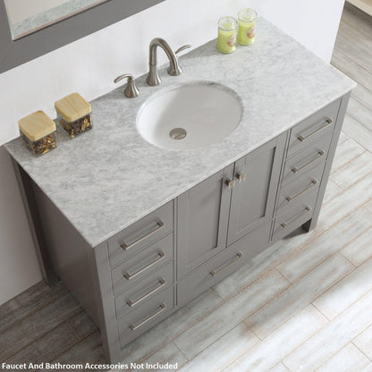 Vinnova Gela 48" Gray Freestanding Single Vanity Set In White Carrara Marble Top With Undermount Ceramic Sink and Mirror