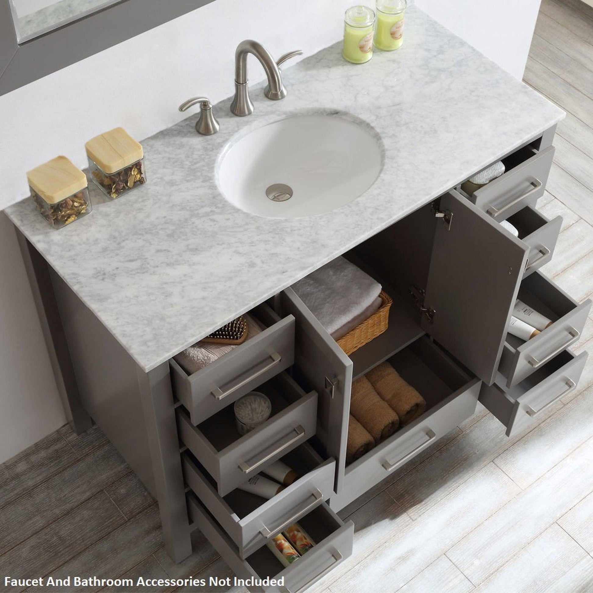 Vinnova Gela 48" Gray Freestanding Single Vanity Set In White Carrara Marble Top With Undermount Ceramic Sink and Mirror