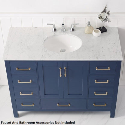 Vinnova Gela 48" Royal Blue Freestanding Single Vanity Set In White Carrara Marble Top With Undermount Ceramic Sink