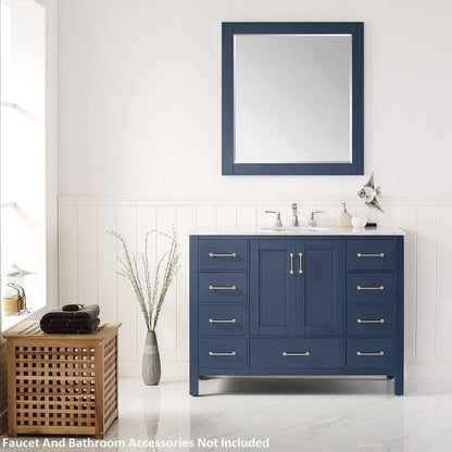 Vinnova Gela 48" Royal Blue Freestanding Single Vanity Set In White Carrara Marble Top With Undermount Ceramic Sink and Mirror