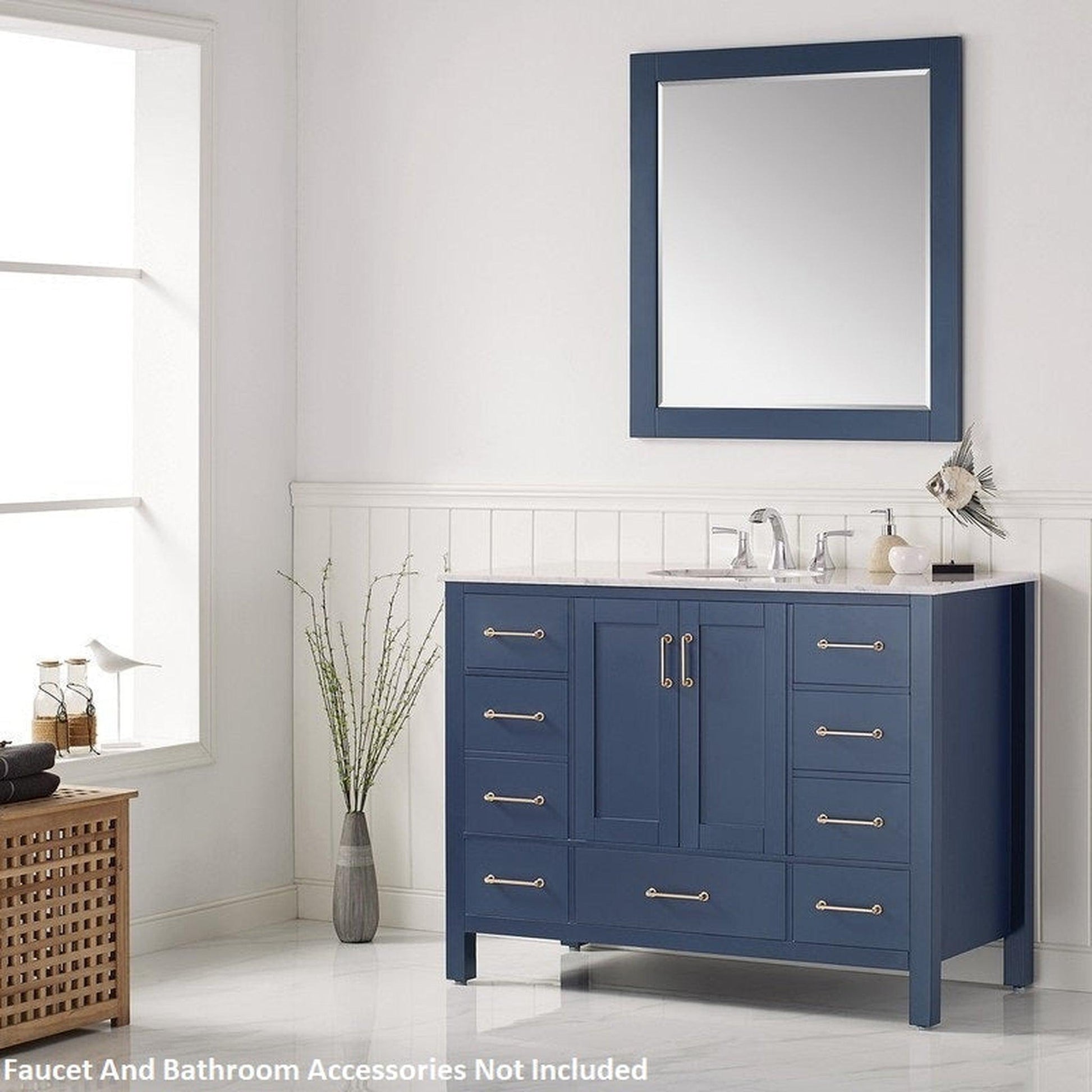 Vinnova Gela 48" Royal Blue Freestanding Single Vanity Set In White Carrara Marble Top With Undermount Ceramic Sink and Mirror