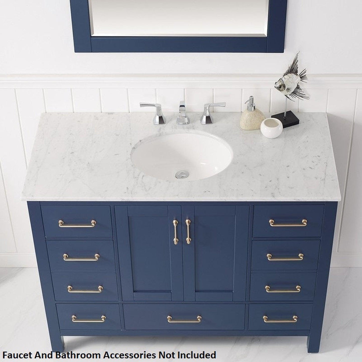 Vinnova Gela 48" Royal Blue Freestanding Single Vanity Set In White Carrara Marble Top With Undermount Ceramic Sink and Mirror
