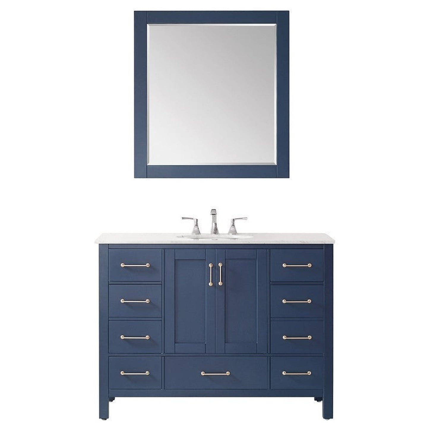 Vinnova Gela 48" Royal Blue Freestanding Single Vanity Set In White Carrara Marble Top With Undermount Ceramic Sink and Mirror