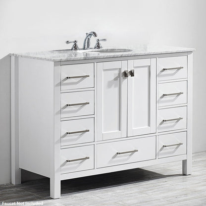 Vinnova Gela 48" White Freestanding Single Vanity Set In White Carrara Marble Top With Undermount Ceramic Sink