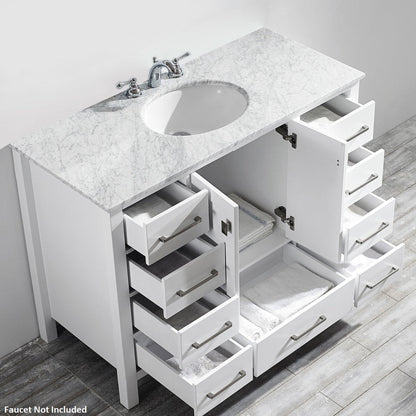 Vinnova Gela 48" White Freestanding Single Vanity Set In White Carrara Marble Top With Undermount Ceramic Sink