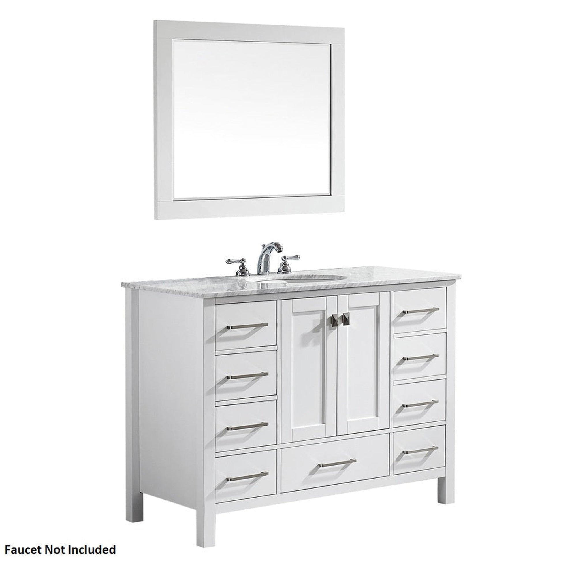 Vinnova Gela 48" White Freestanding Single Vanity Set In White Carrara Marble Top With Undermount Ceramic Sink and Mirror