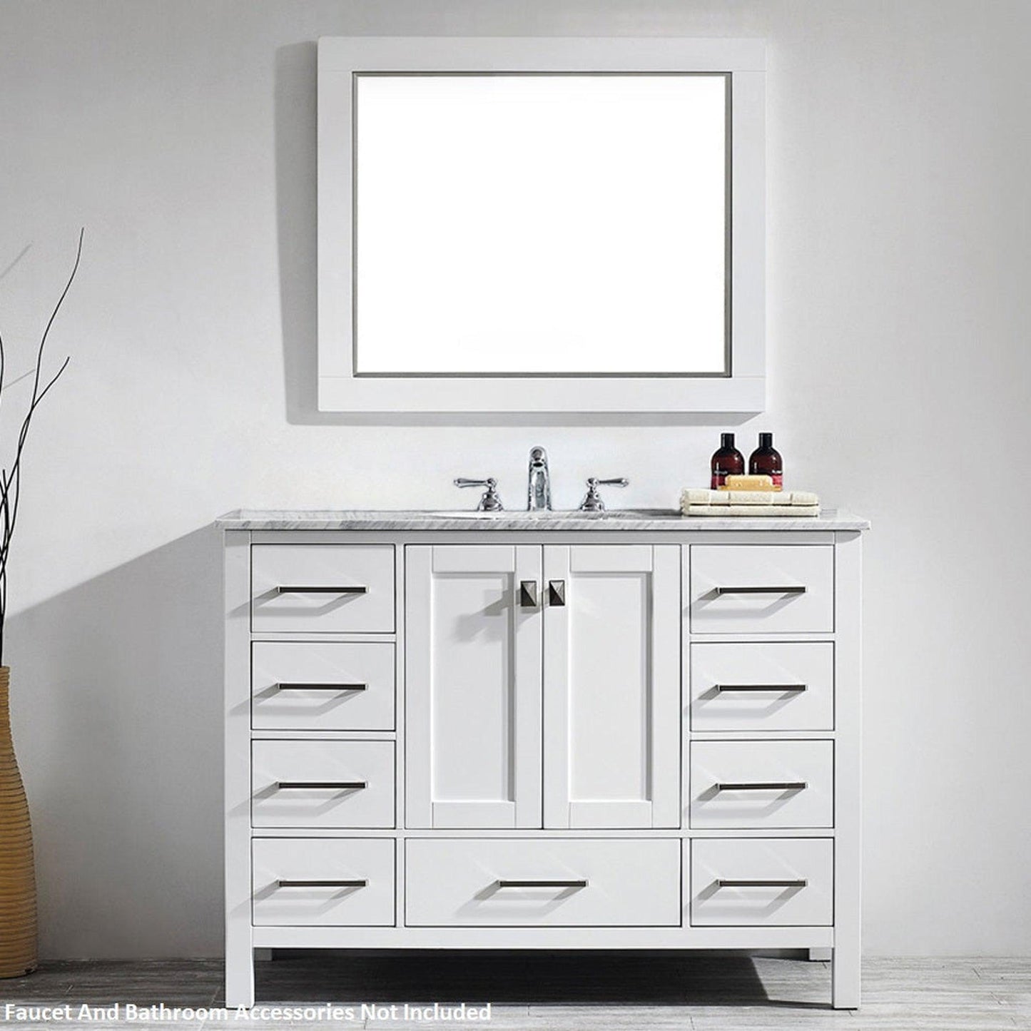 Vinnova Gela 48" White Freestanding Single Vanity Set In White Carrara Marble Top With Undermount Ceramic Sink and Mirror