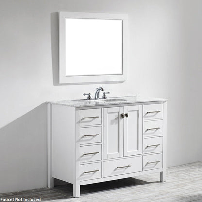 Vinnova Gela 48" White Freestanding Single Vanity Set In White Carrara Marble Top With Undermount Ceramic Sink and Mirror