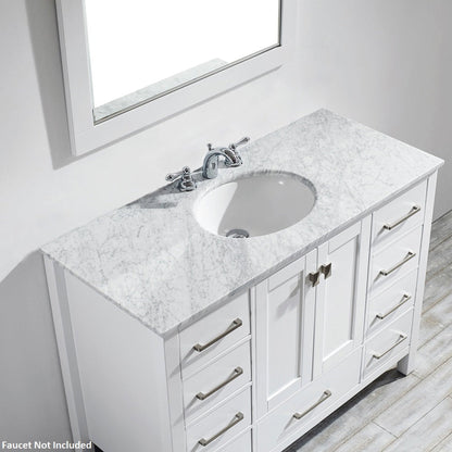 Vinnova Gela 48" White Freestanding Single Vanity Set In White Carrara Marble Top With Undermount Ceramic Sink and Mirror