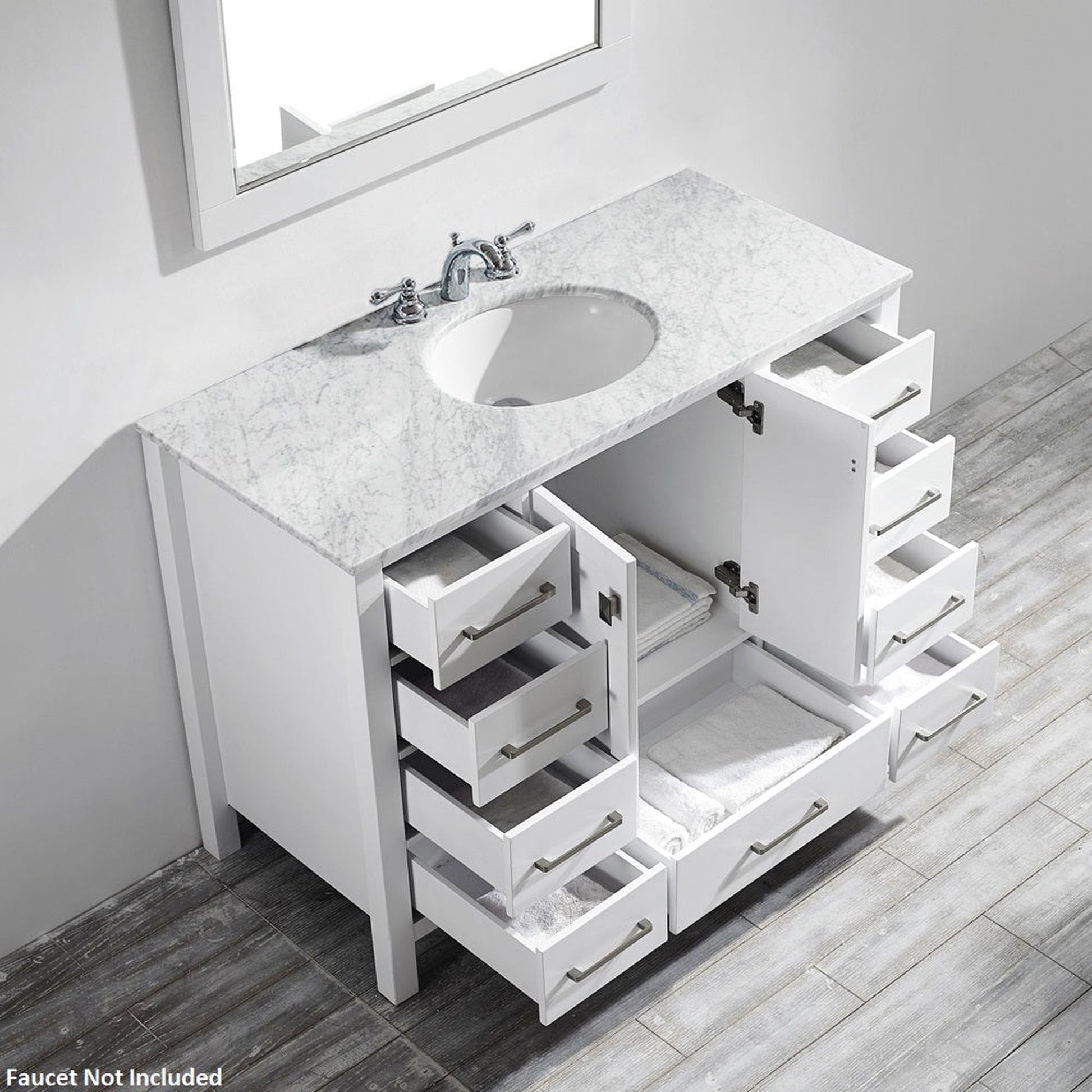 Vinnova Gela 48" White Freestanding Single Vanity Set In White Carrara Marble Top With Undermount Ceramic Sink and Mirror