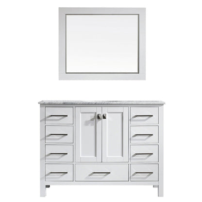 Vinnova Gela 48" White Freestanding Single Vanity Set In White Carrara Marble Top With Undermount Ceramic Sink and Mirror