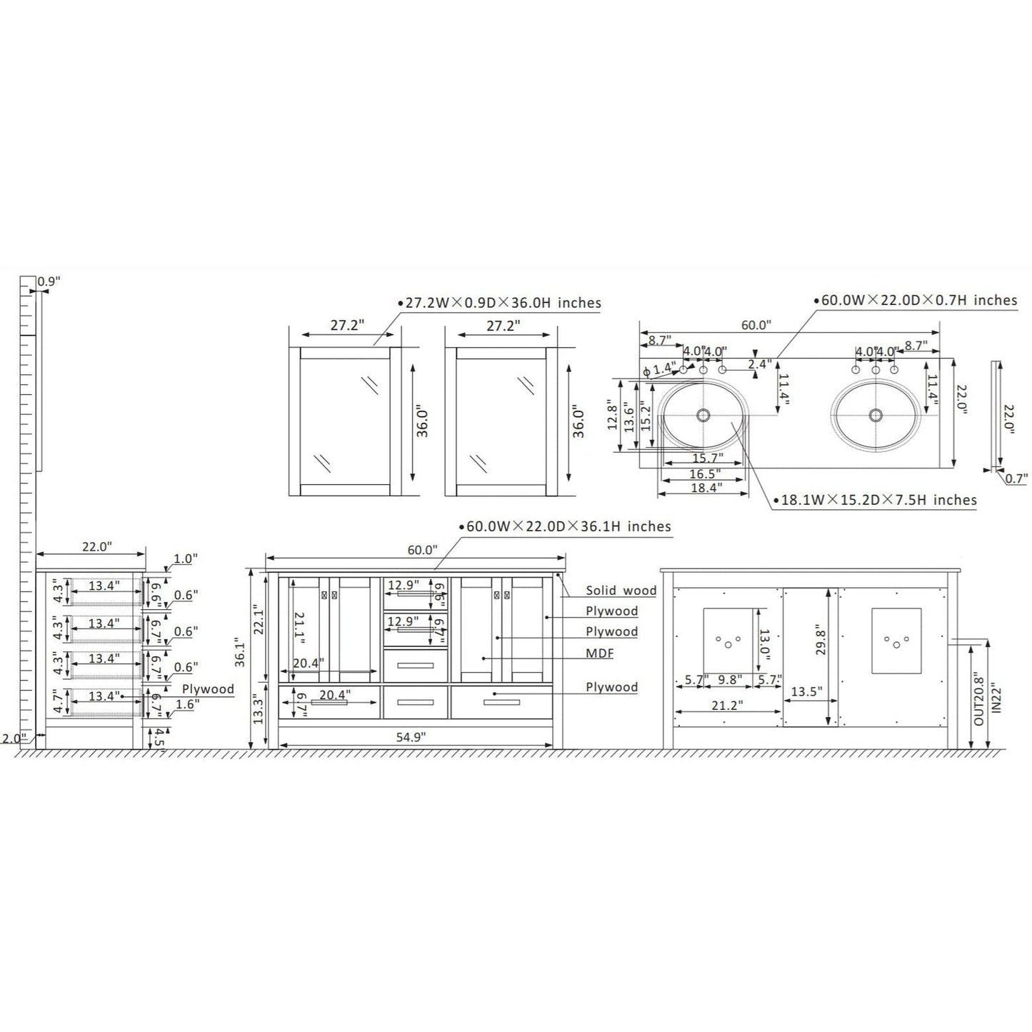 Vinnova Gela 60" Gray Freestanding Double Vanity Set In White Carrara Marble Top With Undermount Ceramic Sink and Mirror