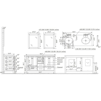 Vinnova Gela 60" Gray Freestanding Double Vanity Set In White Carrara Marble Top With Undermount Ceramic Sink and Mirror