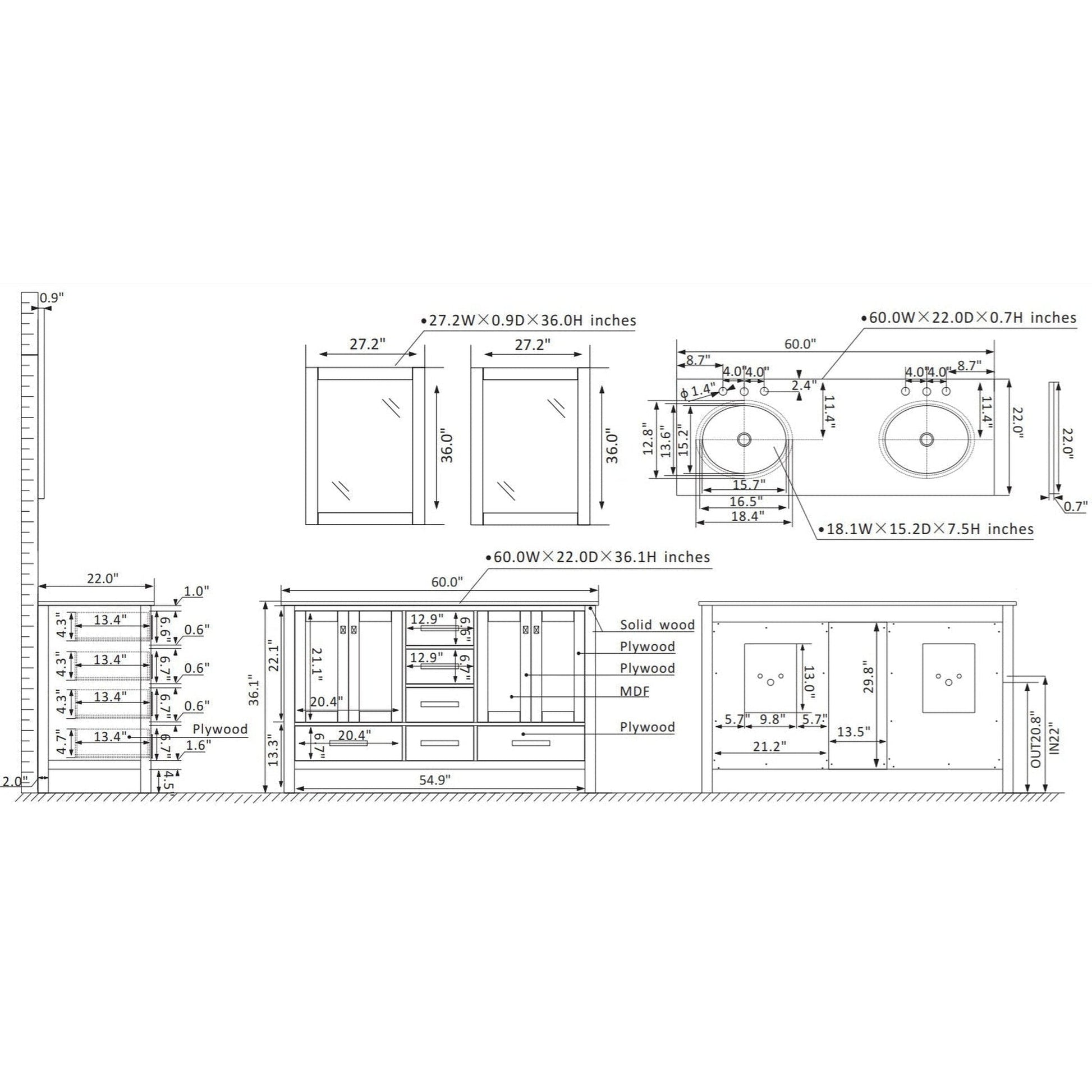 Vinnova Gela 60" Gray Freestanding Double Vanity Set In White Carrara Marble Top With Undermount Ceramic Sink and Mirror