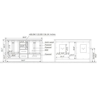 Vinnova Gela 60" Gray Freestanding Double Vanity Set In White Carrara Marble Top With Undermount Ceramic Sink and Mirror