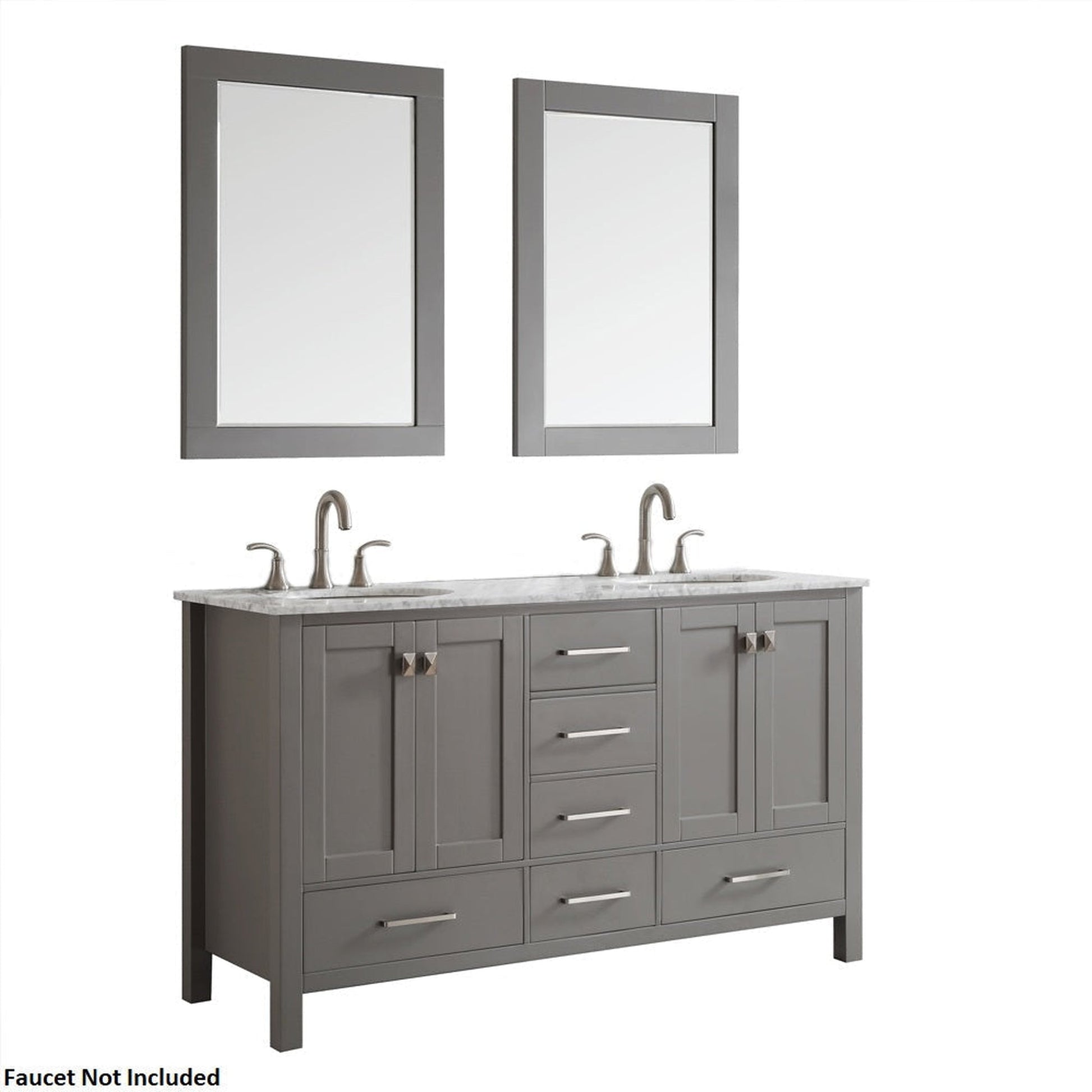 Vinnova Gela 60" Gray Freestanding Double Vanity Set In White Carrara Marble Top With Undermount Ceramic Sink and Mirror