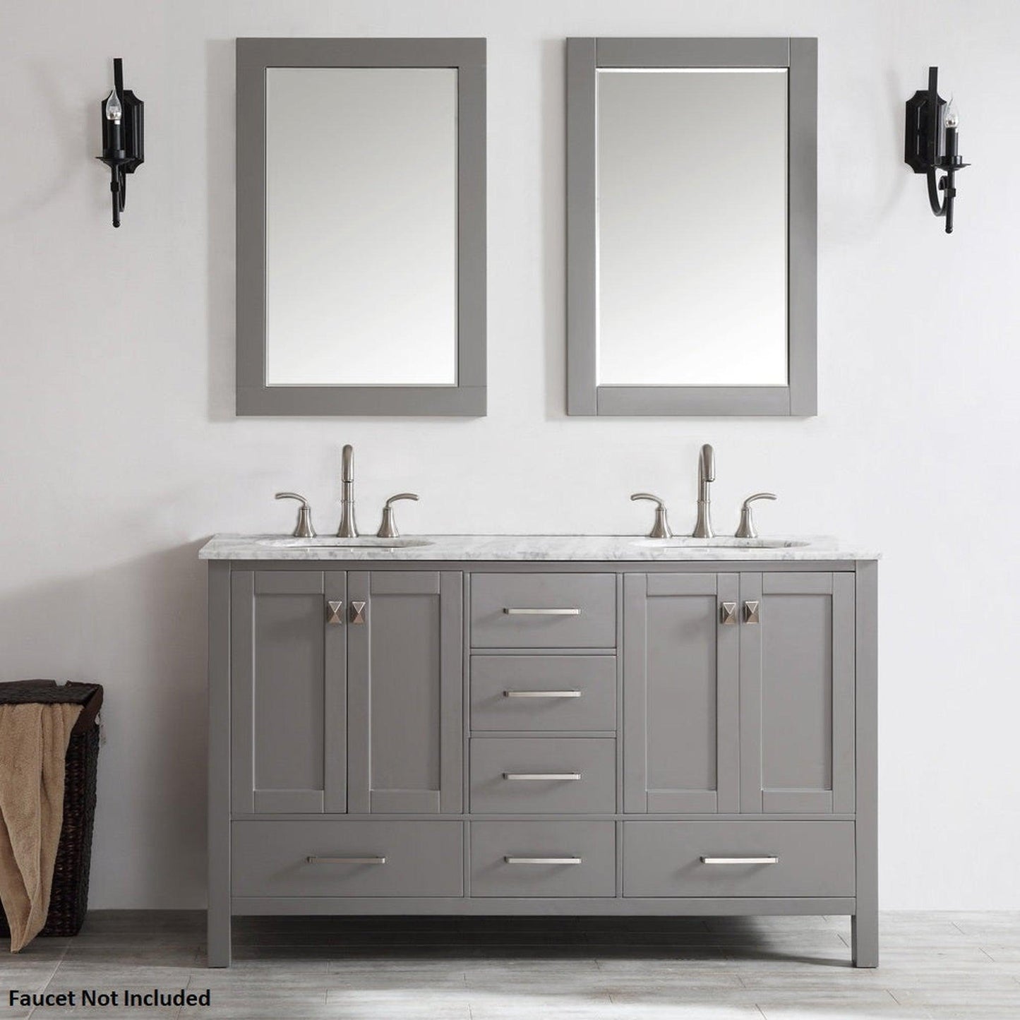 Vinnova Gela 60" Gray Freestanding Double Vanity Set In White Carrara Marble Top With Undermount Ceramic Sink and Mirror