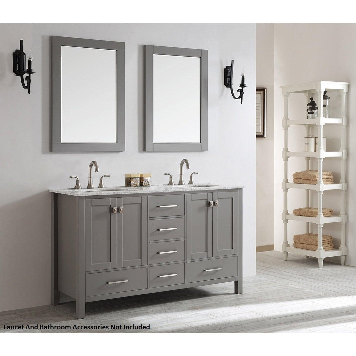 Vinnova Gela 60" Gray Freestanding Double Vanity Set In White Carrara Marble Top With Undermount Ceramic Sink and Mirror