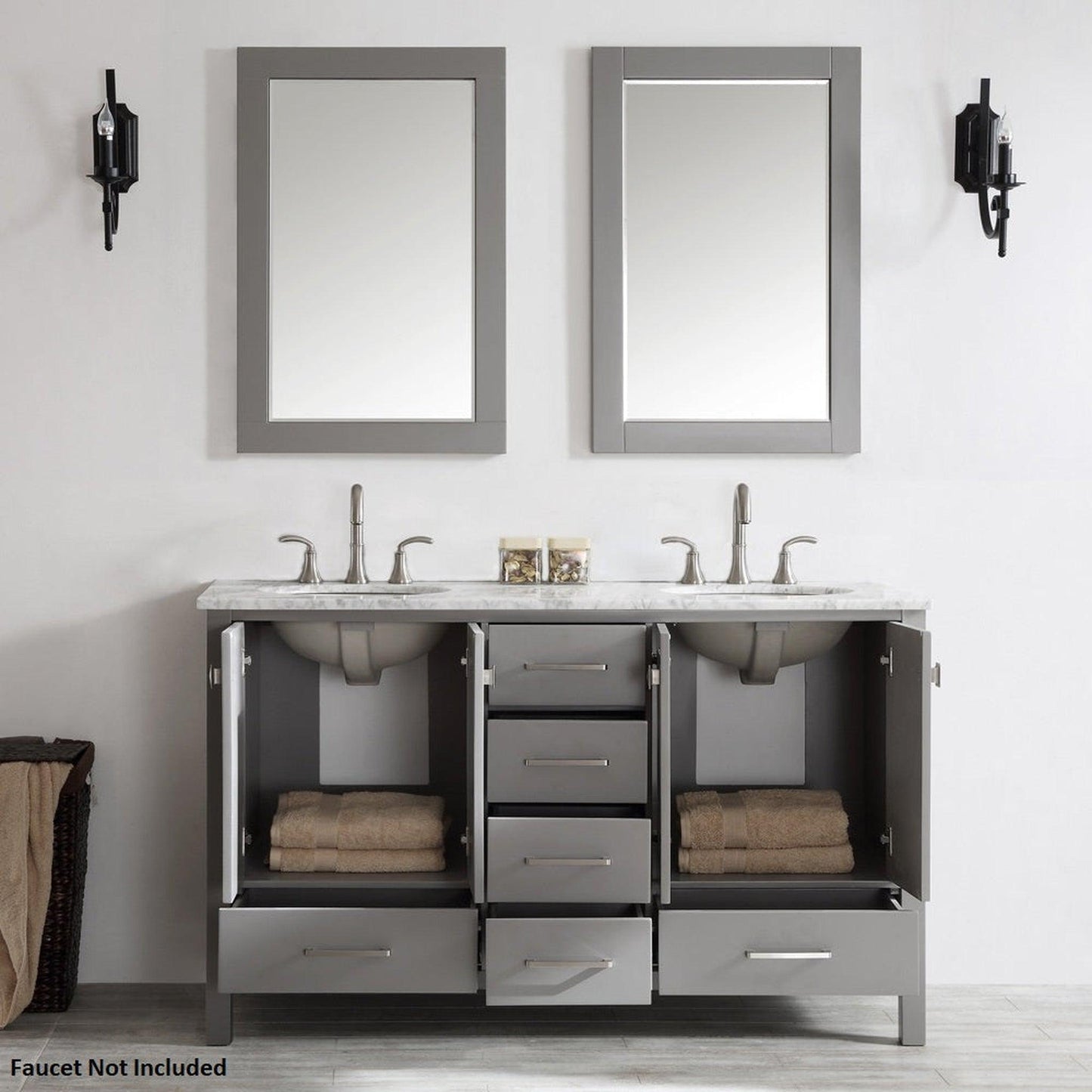 Vinnova Gela 60" Gray Freestanding Double Vanity Set In White Carrara Marble Top With Undermount Ceramic Sink and Mirror