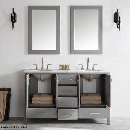 Vinnova Gela 60" Gray Freestanding Double Vanity Set In White Carrara Marble Top With Undermount Ceramic Sink and Mirror