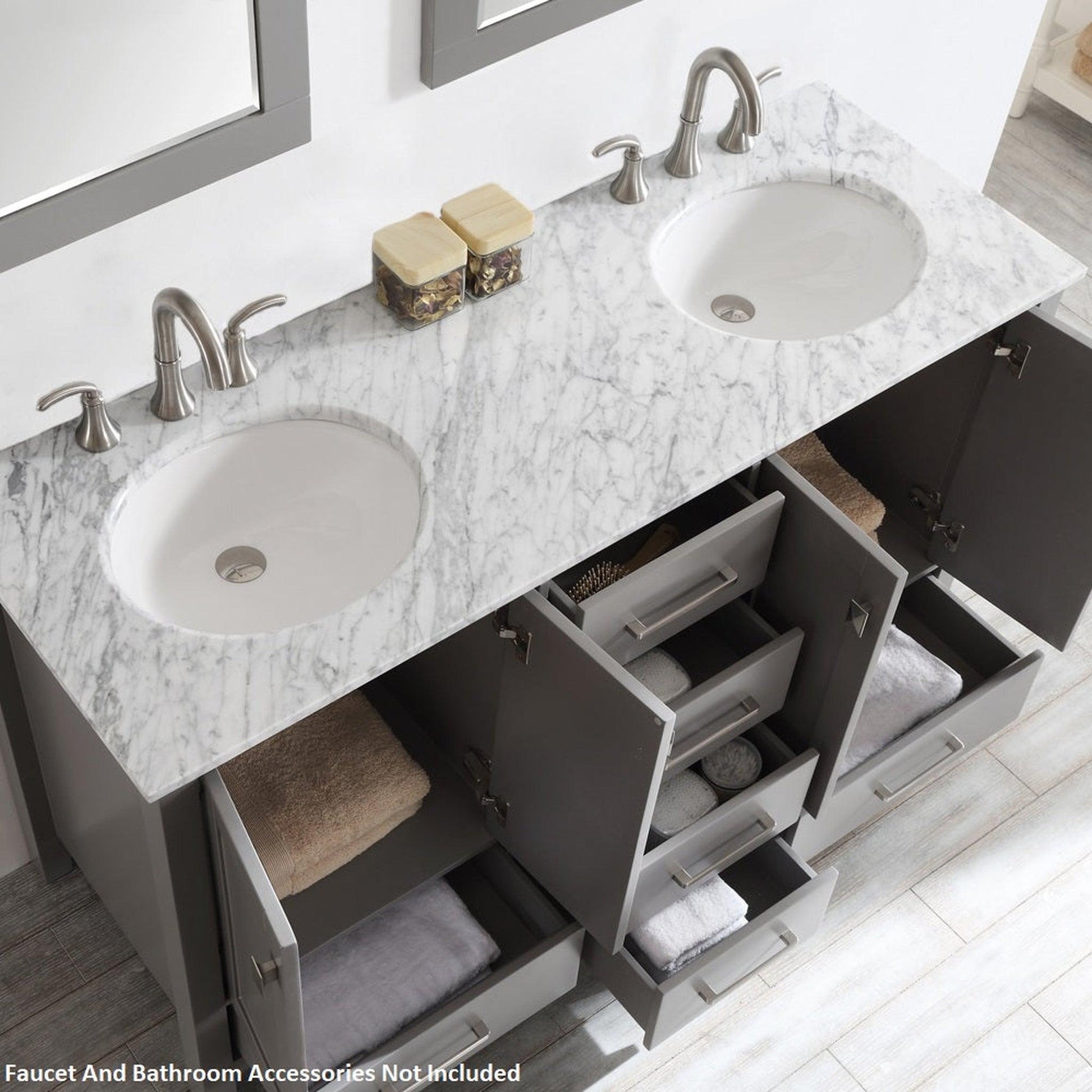 Vinnova Gela 60" Gray Freestanding Double Vanity Set In White Carrara Marble Top With Undermount Ceramic Sink and Mirror