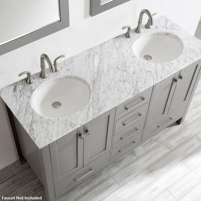 Vinnova Gela 60" Gray Freestanding Double Vanity Set In White Carrara Marble Top With Undermount Ceramic Sink and Mirror