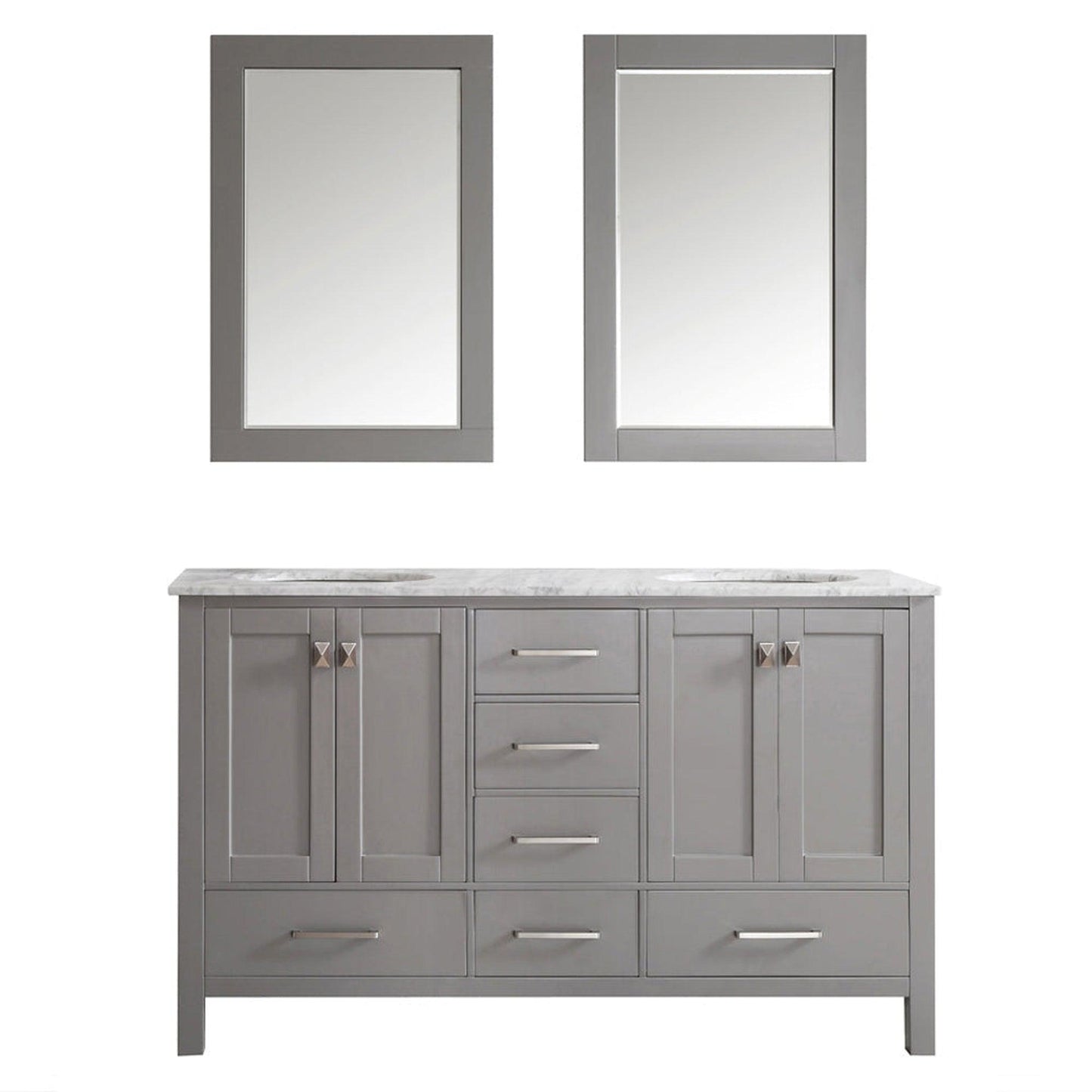 Vinnova Gela 60" Gray Freestanding Double Vanity Set In White Carrara Marble Top With Undermount Ceramic Sink and Mirror