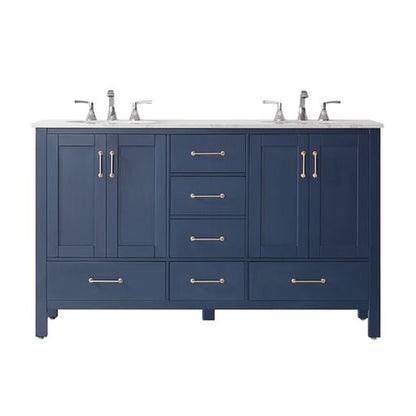 Vinnova Gela 60" Royal Blue Freestanding Double Vanity Set In White Carrara Marble Top With Undermount Ceramic Sink and Mirror