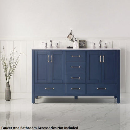 Vinnova Gela 60" Royal Blue Freestanding Double Vanity Set In White Carrara Marble Top With Undermount Ceramic Sink