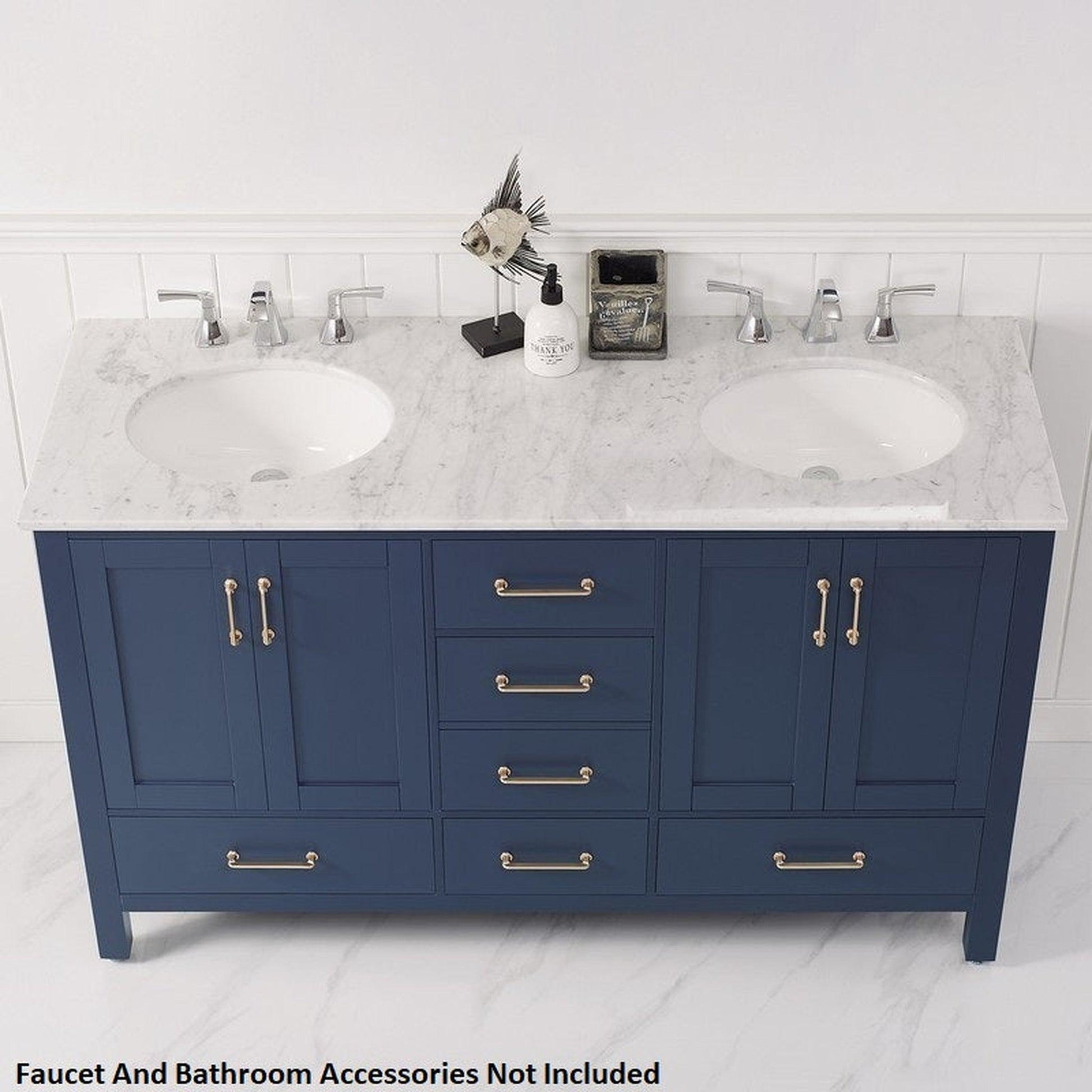 Vinnova Gela 60" Royal Blue Freestanding Double Vanity Set In White Carrara Marble Top With Undermount Ceramic Sink