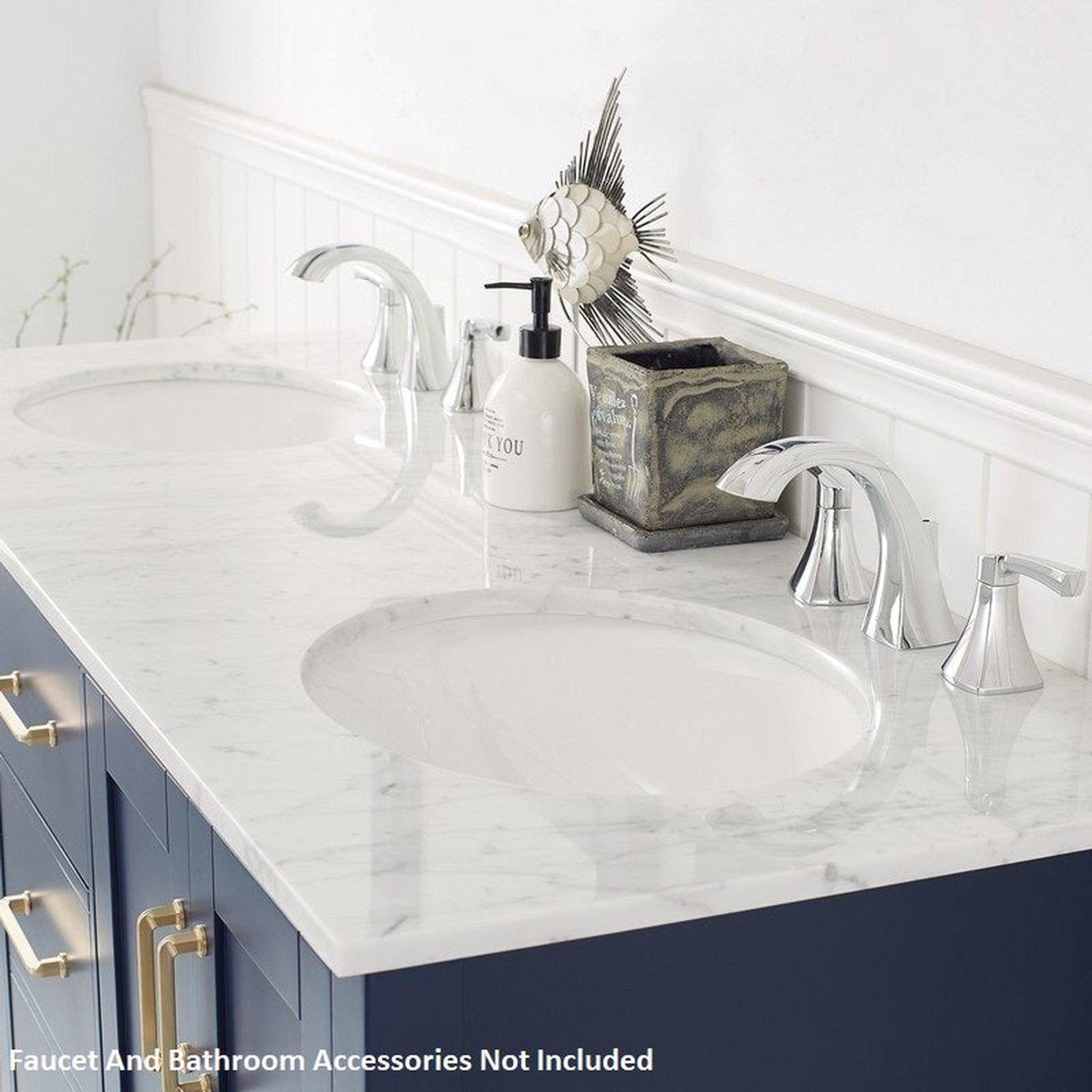 Vinnova Gela 60" Royal Blue Freestanding Double Vanity Set In White Carrara Marble Top With Undermount Ceramic Sink