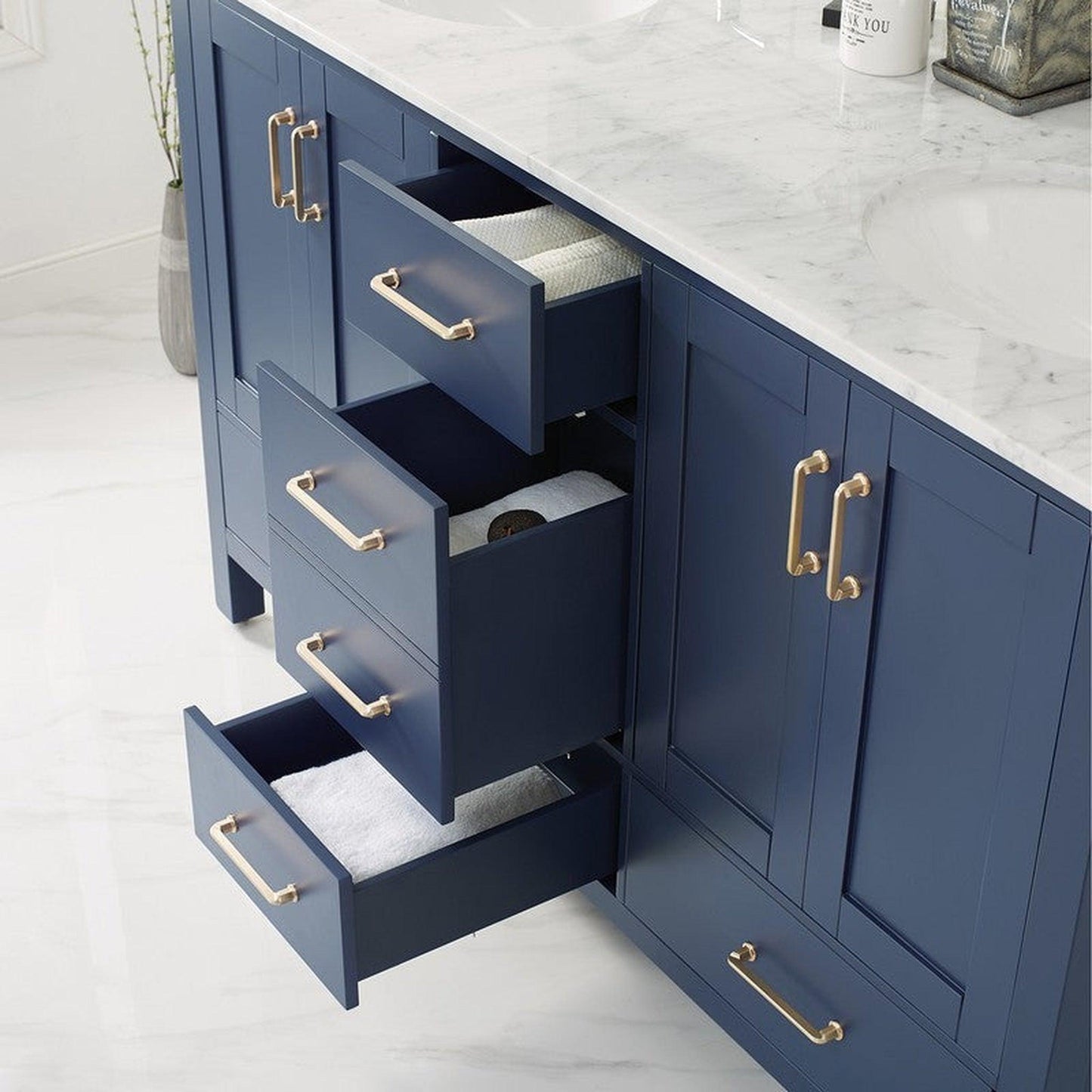 Vinnova Gela 60" Royal Blue Freestanding Double Vanity Set In White Carrara Marble Top With Undermount Ceramic Sink