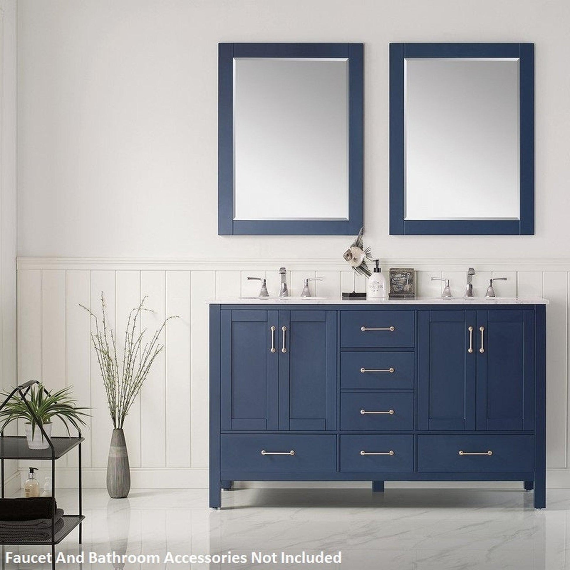 Vinnova Gela 60" Royal Blue Freestanding Double Vanity Set In White Carrara Marble Top With Undermount Ceramic Sink and Mirror