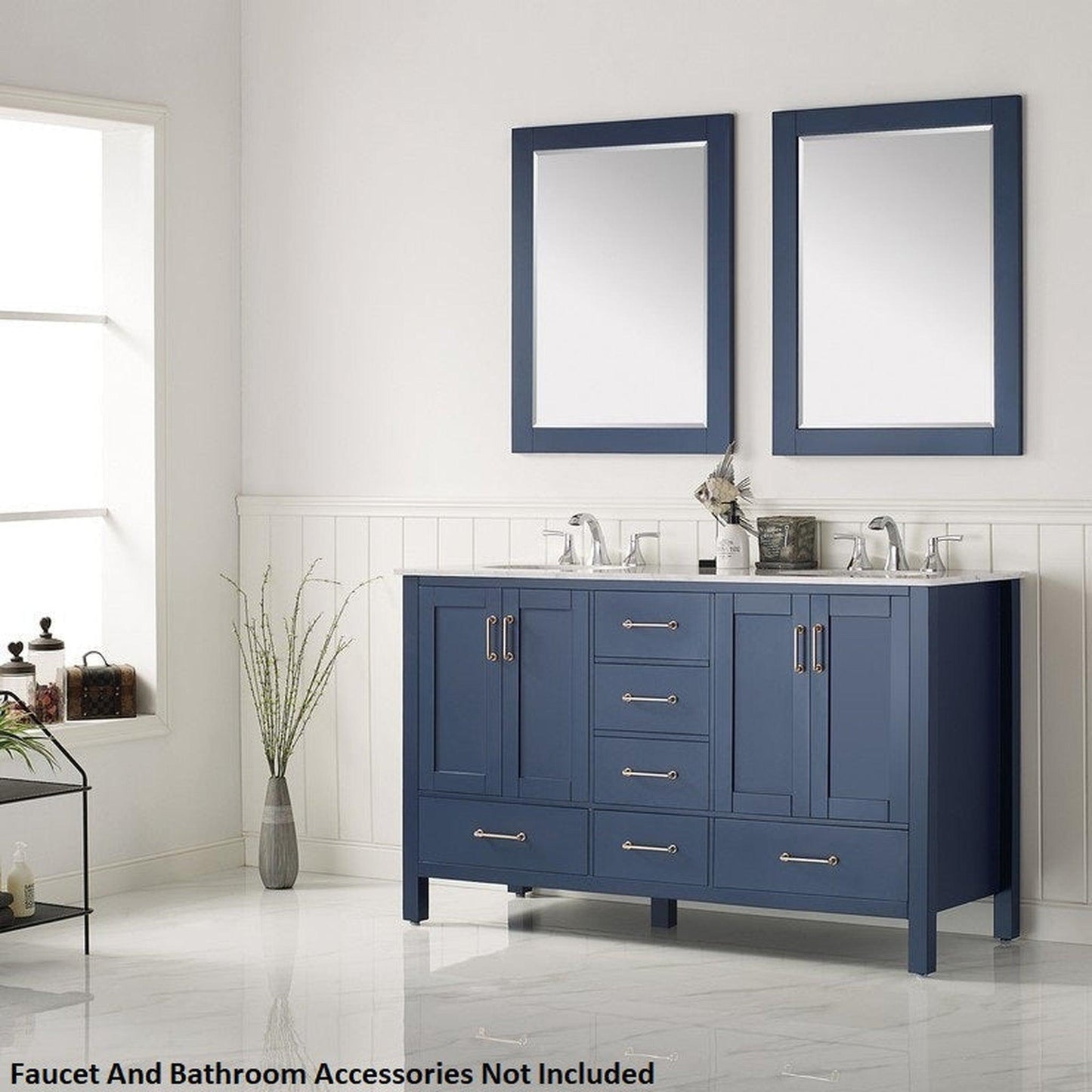 Vinnova Gela 60" Royal Blue Freestanding Double Vanity Set In White Carrara Marble Top With Undermount Ceramic Sink and Mirror