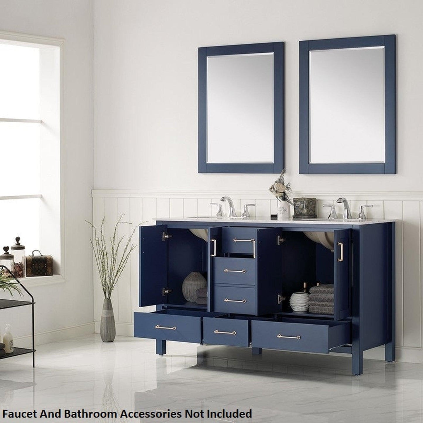Vinnova Gela 60" Royal Blue Freestanding Double Vanity Set In White Carrara Marble Top With Undermount Ceramic Sink and Mirror