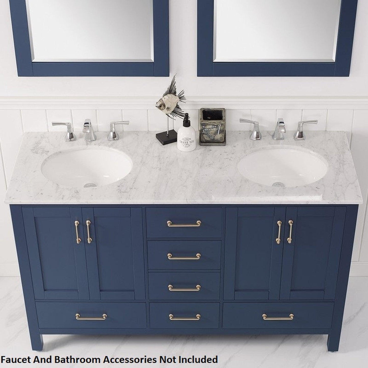 Vinnova Gela 60" Royal Blue Freestanding Double Vanity Set In White Carrara Marble Top With Undermount Ceramic Sink and Mirror