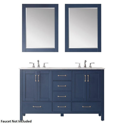 Vinnova Gela 60" Royal Blue Freestanding Double Vanity Set In White Carrara Marble Top With Undermount Ceramic Sink and Mirror