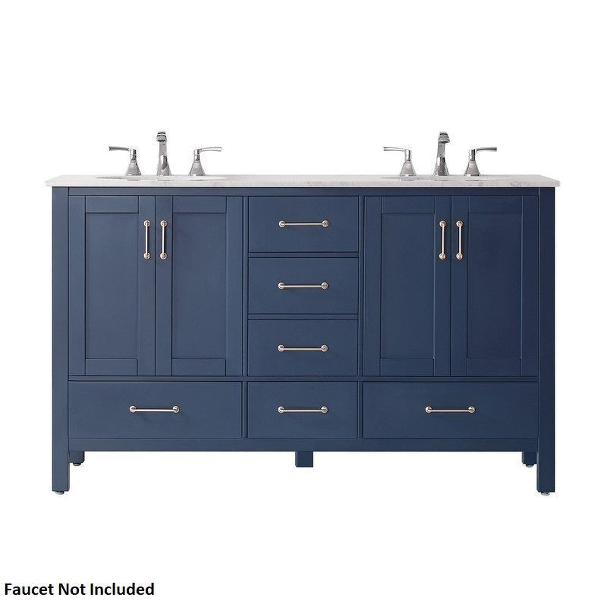 Vinnova Gela 60" Royal Blue Freestanding Double Vanity Set In White Carrara Marble Top With Undermount Ceramic Sink