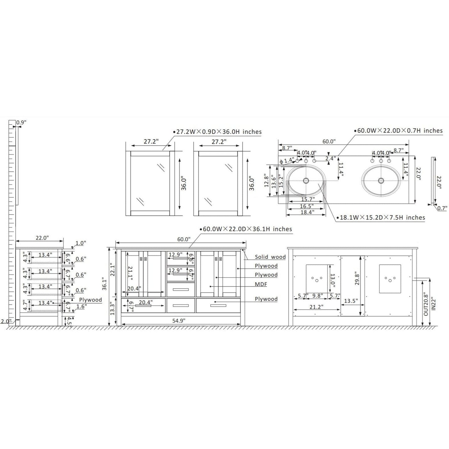 Vinnova Gela 60" White Freestanding Double Vanity Set In White Carrara Marble Top With Undermount Ceramic Sink and Mirror