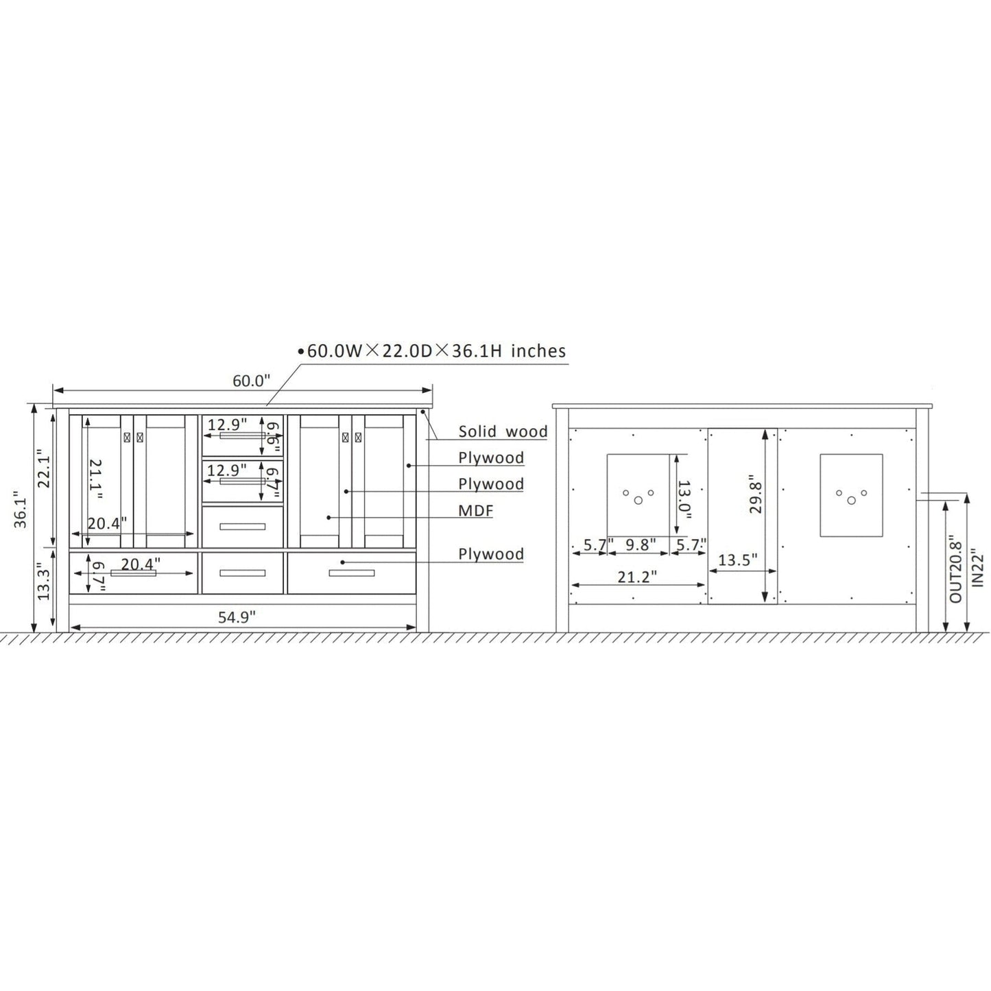 Vinnova Gela 60" White Freestanding Double Vanity Set In White Carrara Marble Top With Undermount Ceramic Sink and Mirror