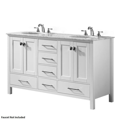 Vinnova Gela 60" White Freestanding Double Vanity Set In White Carrara Marble Top With Undermount Ceramic Sink