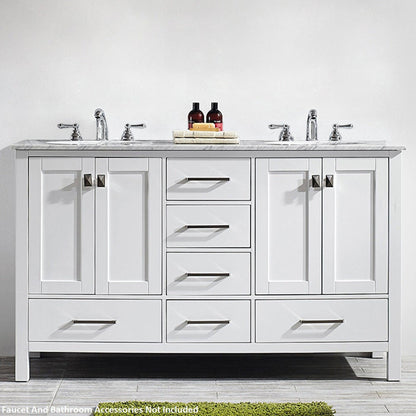 Vinnova Gela 60" White Freestanding Double Vanity Set In White Carrara Marble Top With Undermount Ceramic Sink