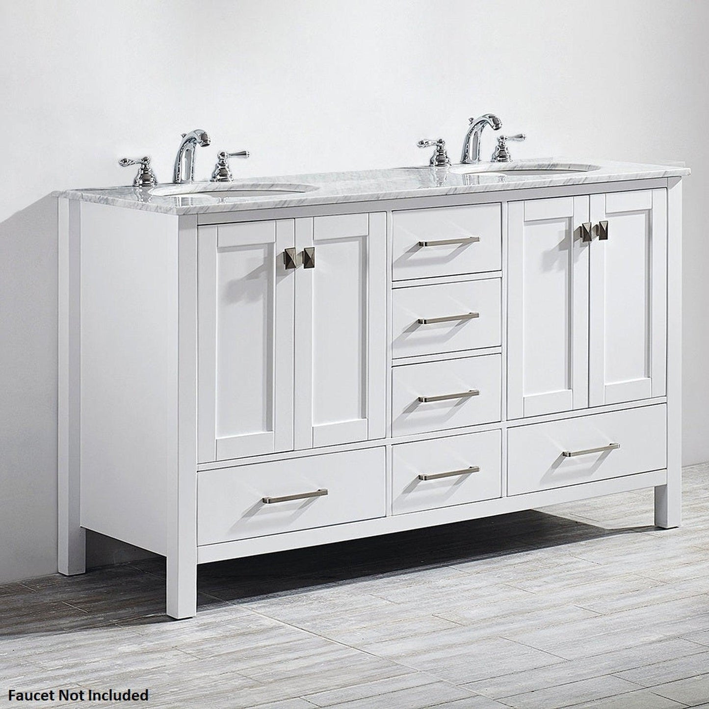 Vinnova Gela 60" White Freestanding Double Vanity Set In White Carrara Marble Top With Undermount Ceramic Sink