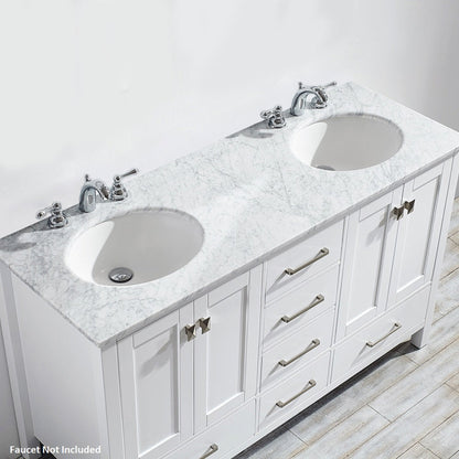 Vinnova Gela 60" White Freestanding Double Vanity Set In White Carrara Marble Top With Undermount Ceramic Sink